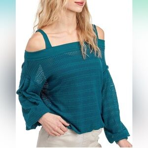 Free People Sistine Hacci Blue Knit Off The Shoulder Top, Size Medium EUC